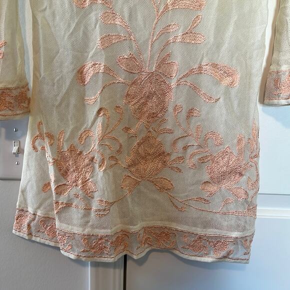 Free People Cream & Pink Mesh Embroidered Bell Sleeve Cotton Blend Tunic Top - Picture 3 of 11